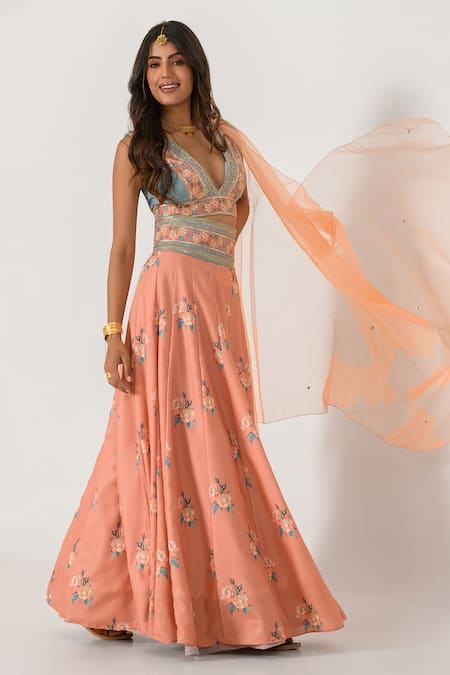 Pasha India Orange Cotton, Rayon Embroidery, Sequins, Zari Floral Print Blouse Lehenga Set Online at Aza Fashions Pasha India_Orange Cotton, Rayon Embroidery, Sequins, Zari Floral Print Blouse Lehenga Set _Online_at_Aza_Fashions