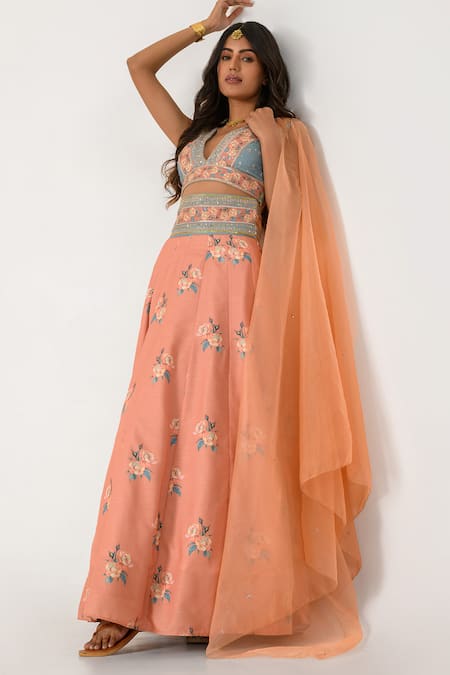 Buy Pasha India Orange Cotton, Rayon Embroidery, Sequins, Zari Floral Print Blouse Lehenga Set Online at Aza Fashions Buy_Pasha India_Orange Cotton, Rayon Embroidery, Sequins, Zari Floral Print Blouse Lehenga Set _Online_at_Aza_Fashions