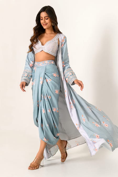Pasha India_Green Cotton, Rayon Sequins, Zari, Embroidery V-neck Floral Print Cape Lungi Set _Online_at_Aza_Fashions
