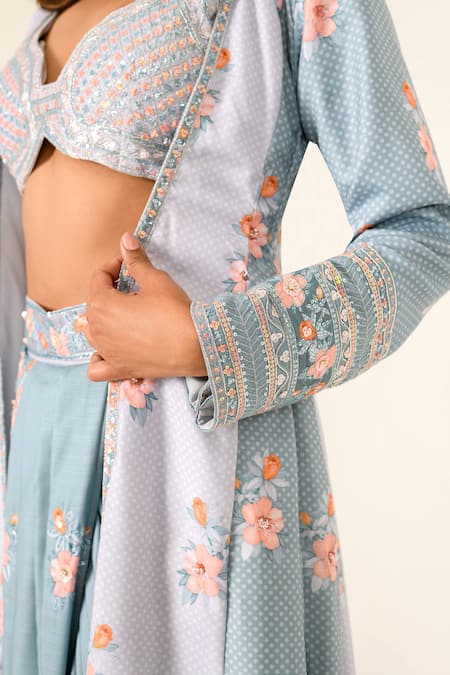 Shop_Pasha India_Green Cotton, Rayon Sequins, Zari, Embroidery V-neck Floral Print Cape Lungi Set _Online_at_Aza_Fashions