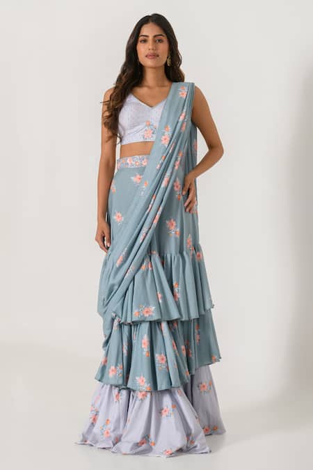Pasha India Grey Cotton Rayon Printed Floral V Pre-draped Ruffle Saree With Blouse 