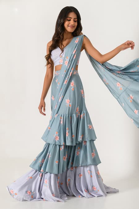 Pasha India_Grey Cotton, Rayon Sequins, Floral Print Pre-draped Ruffle Saree With Blouse _Online_at_Aza_Fashions