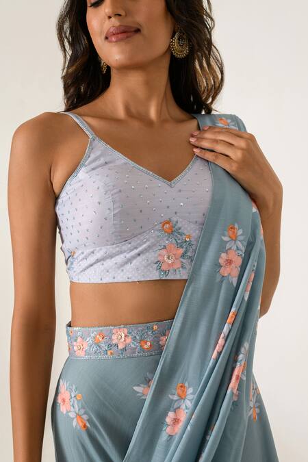 Shop_Pasha India_Grey Cotton, Rayon Sequins, Floral Print Pre-draped Ruffle Saree With Blouse _Online_at_Aza_Fashions