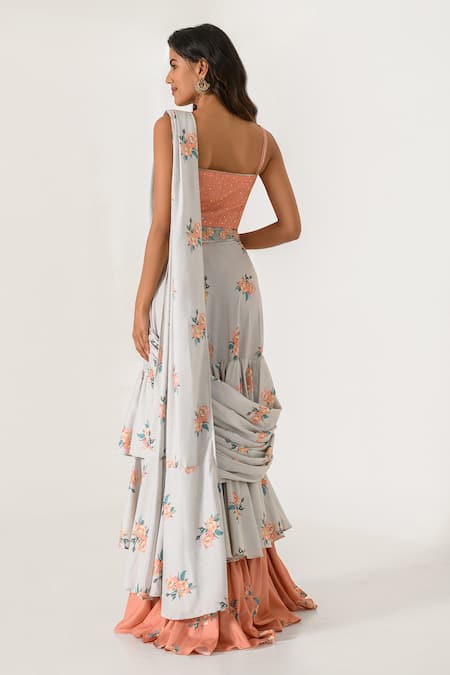 Pasha India Floral Pattern Pre-Draped Ruffle Saree With Blouse 