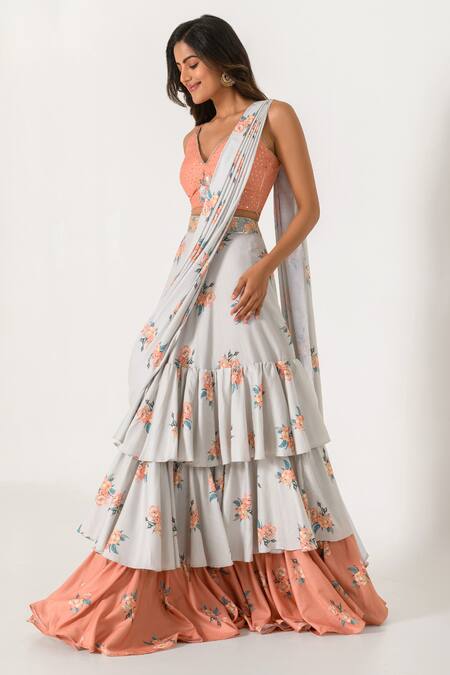 Pasha India_Green Cotton, Rayon Sequins, Floral Pattern Pre-draped Ruffle Saree With Blouse _Online_at_Aza_Fashions