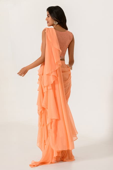 Pasha India Floral Work Pre-Draped Ruffle Saree With Blouse 