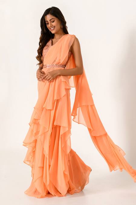Pasha India_Orange Cotton, Rayon Sequins, Floral Work Pre-draped Ruffle Saree With Blouse _Online_at_Aza_Fashions