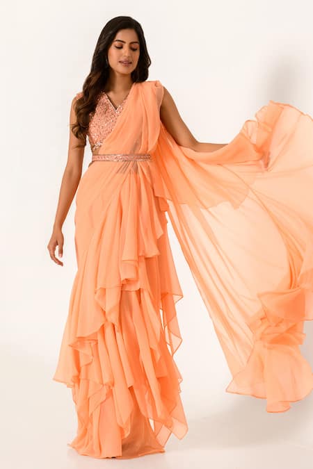 Buy_Pasha India_Orange Cotton, Rayon Sequins, Floral Work Pre-draped Ruffle Saree With Blouse _Online_at_Aza_Fashions