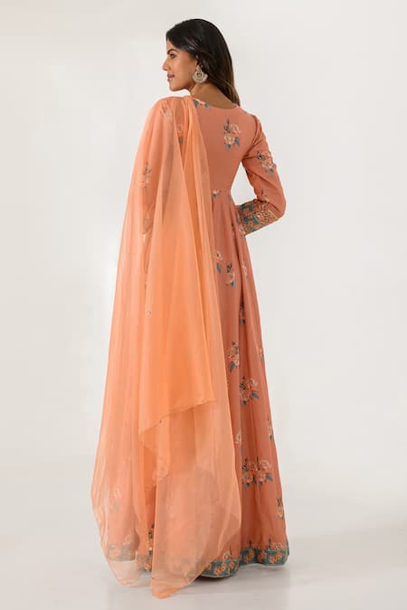 Shop_Pasha India_Orange Cotton, Rayon Embroidery, Sequins V-neck Floral Print Anarkali Pant Set _at_Aza_Fashions