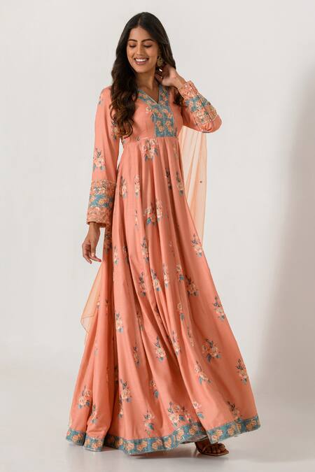 Pasha India_Orange Cotton, Rayon Embroidery, Sequins V-neck Floral Print Anarkali Pant Set _Online_at_Aza_Fashions