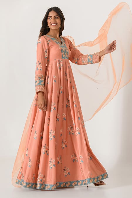 Buy_Pasha India_Orange Cotton, Rayon Embroidery, Sequins V-neck Floral Print Anarkali Pant Set _Online_at_Aza_Fashions