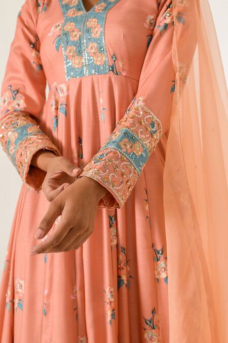 Shop_Pasha India_Orange Cotton, Rayon Embroidery, Sequins V-neck Floral Print Anarkali Pant Set _Online_at_Aza_Fashions