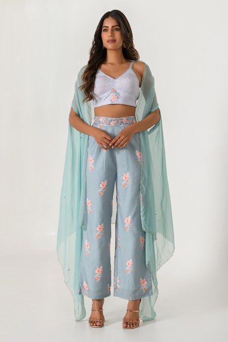 Pasha India Grey Cotton, Rayon Embroidery, Sequins V-neck Scalloped Border Cape Pant Set