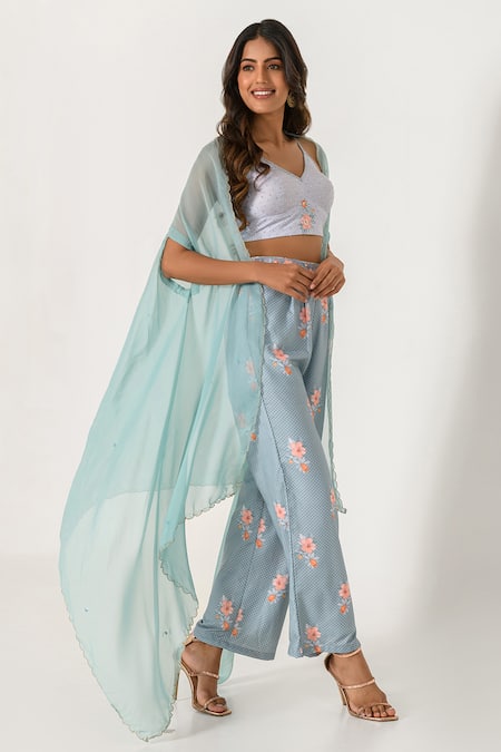 Pasha India_Grey Cotton, Rayon Embroidery, Sequins V-neck Scalloped Border Cape Pant Set _Online_at_Aza_Fashions