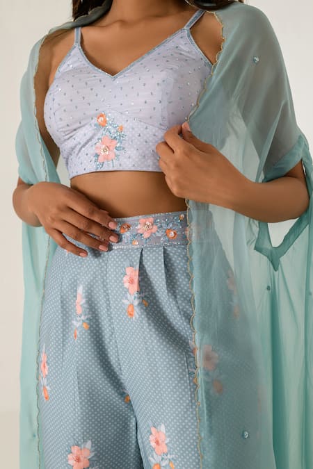 Shop_Pasha India_Grey Cotton, Rayon Embroidery, Sequins V-neck Scalloped Border Cape Pant Set _Online_at_Aza_Fashions