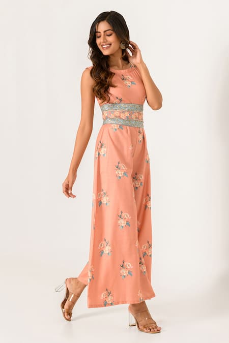 Buy_Pasha India_Orange Cotton, Rayon Embroidery, Sequins, Zari Round Neck Floral Print Jumpsuit _Online_at_Aza_Fashions