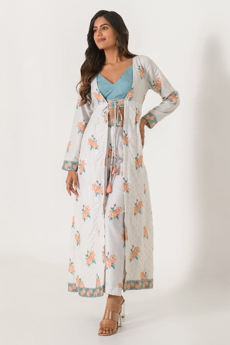 Pasha India Green Cotton, Rayon Embroidery, Sequins, Zari V-neck Floral Print Cape Pant Set