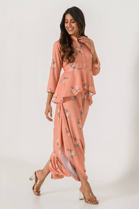 Pasha India_Orange Cotton, Rayon Embroidery Bandeau Neck Floral Peplum Dhoti Jumpsuit _Online_at_Aza_Fashions