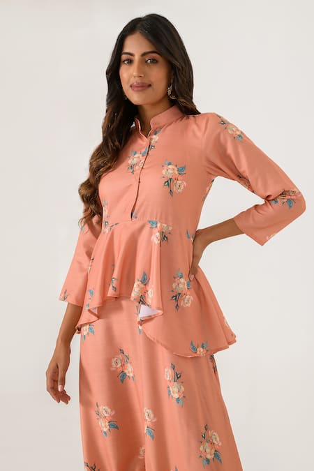 Shop_Pasha India_Orange Cotton, Rayon Embroidery Bandeau Neck Floral Peplum Dhoti Jumpsuit _Online_at_Aza_Fashions