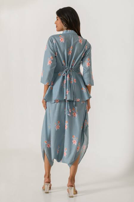 Shop Pasha India Blue Cotton, Rayon Bandeau Neck Floral Work Peplum Dhoti Jumpsuit at Aza Fashions Shop_Pasha India_Blue Cotton, Rayon Bandeau Neck Floral Work Peplum Dhoti Jumpsuit_at_Aza_Fashions