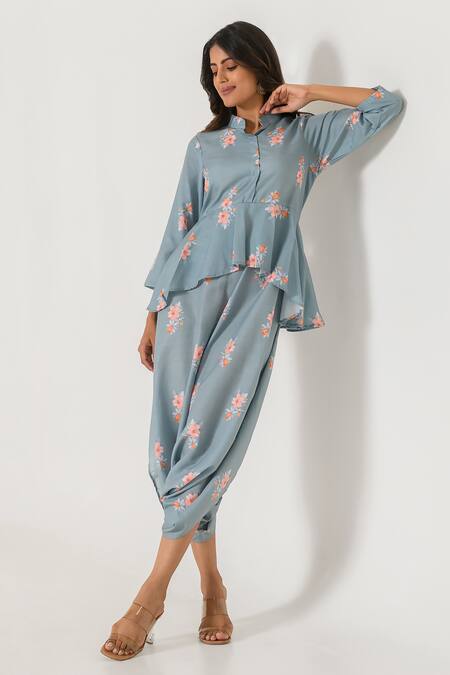 Pasha India Blue Cotton, Rayon Bandeau Neck Floral Work Peplum Dhoti Jumpsuit Online at Aza Fashions Pasha India_Blue Cotton, Rayon Bandeau Neck Floral Work Peplum Dhoti Jumpsuit_Online_at_Aza_Fashions