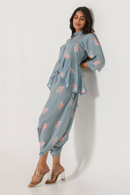 Buy Pasha India Blue Cotton, Rayon Bandeau Neck Floral Work Peplum Dhoti Jumpsuit Online at Aza Fashions Buy_Pasha India_Blue Cotton, Rayon Bandeau Neck Floral Work Peplum Dhoti Jumpsuit_Online_at_Aza_Fashions