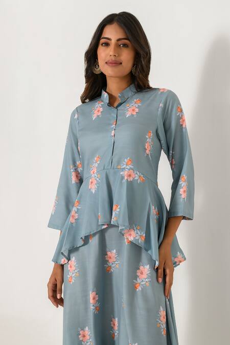 Shop Pasha India Blue Cotton, Rayon Bandeau Neck Floral Work Peplum Dhoti Jumpsuit Online at Aza Fashions Shop_Pasha India_Blue Cotton, Rayon Bandeau Neck Floral Work Peplum Dhoti Jumpsuit_Online_at_Aza_Fashions