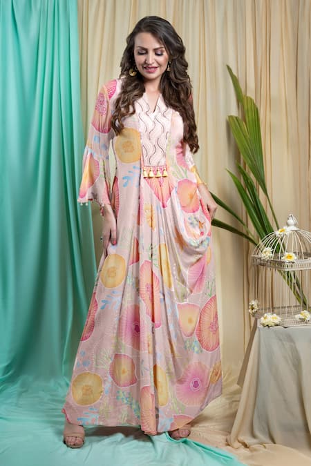 Seams Pret And Couture Pink Crepe Tassels, Embroidery Split V-neck Indi Floral Print Dress 