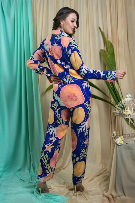 Shop Seams Pret And Couture Blue Crepe Sequins Collared Aanya Floral Bloom Print Shirt With Pant at Aza Fashions Shop_Seams Pret And Couture_Blue Crepe Sequins Collared Aanya Floral Bloom Print Shirt With Pant _at_Aza_Fashions