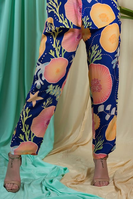 Seams Pret And Couture Blue Crepe Sequins Collared Aanya Floral Bloom Print Shirt With Pant Online at Aza Fashions Seams Pret And Couture_Blue Crepe Sequins Collared Aanya Floral Bloom Print Shirt With Pant _Online_at_Aza_Fashions