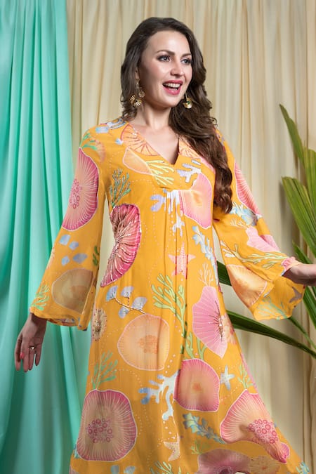 Seams Pret And Couture Yellow Georgette Sequins, Embroidery V-neck Calendonia Floral Print Dress Online at Aza Fashions Seams Pret And Couture_Yellow Georgette Sequins, Embroidery V-neck Calendonia Floral Print Dress _Online_at_Aza_Fashions