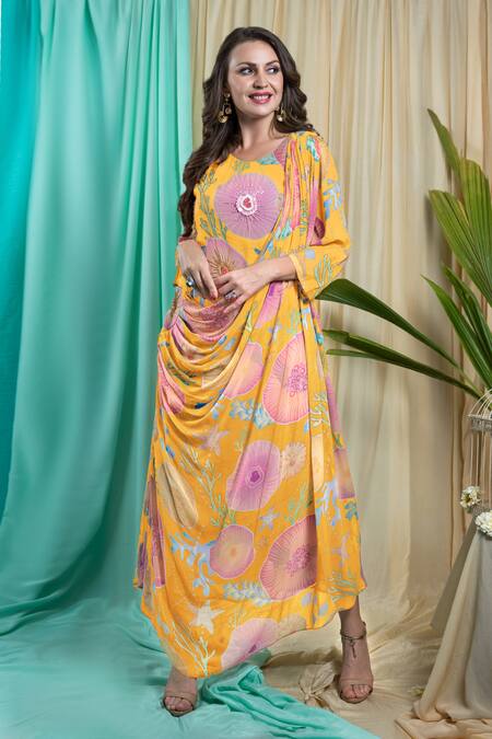 Seams Pret And Couture Yellow Crepe Sequins Round Neck Ezra Floral Print Dress 