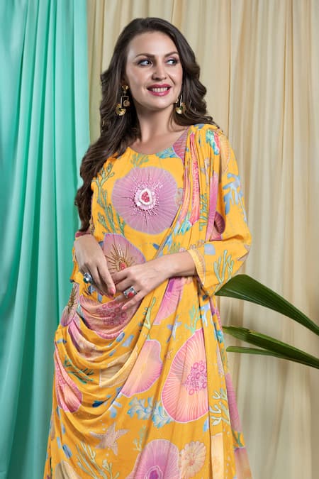 Buy Seams Pret And Couture Yellow Crepe Sequins Round Neck Ezra Floral Print Dress Online at Aza Fashions Buy_Seams Pret And Couture_Yellow Crepe Sequins Round Neck Ezra Floral Print Dress _Online_at_Aza_Fashions