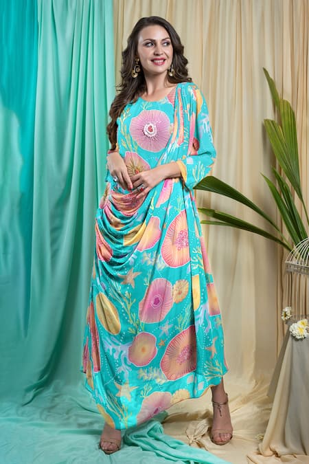 Seams Pret And Couture Green Crepe Sequins Round Neck Ezra Cowl Drape Bloom Print Dress 