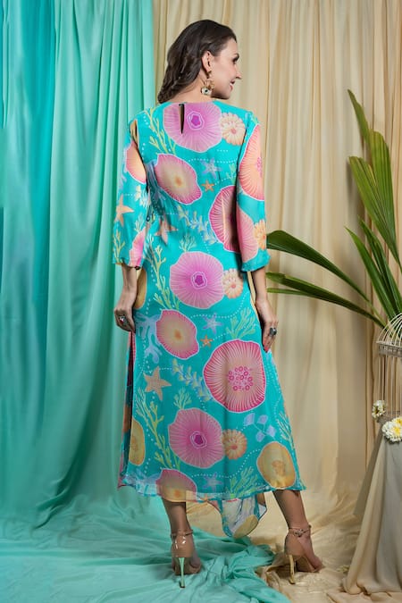 Shop Seams Pret And Couture Green Crepe Sequins Round Neck Ezra Cowl Drape Bloom Print Dress at Aza Fashions Shop_Seams Pret And Couture_Green Crepe Sequins Round Neck Ezra Cowl Drape Bloom Print Dress _at_Aza_Fashions