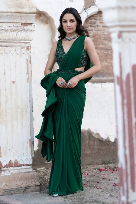 Seeaash_Emerald Green Lycra Embroidery Crystal Deep Ruffle Pre-draped Saree With Blouse_Online_at_Aza_Fashions