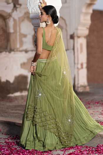 Seeaash Green Chinnon Embroidery Sequin U Neck Lehenga Blouse Set 2