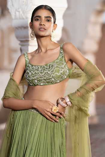 Seeaash Green Chinnon Embroidery Sequin U Neck Lehenga Blouse Set 4