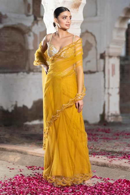 Seeaash_Yellow Net Embroidery Pearl Sweetheart Neck Pre-draped Saree With Blouse_Online_at_Aza_Fashions