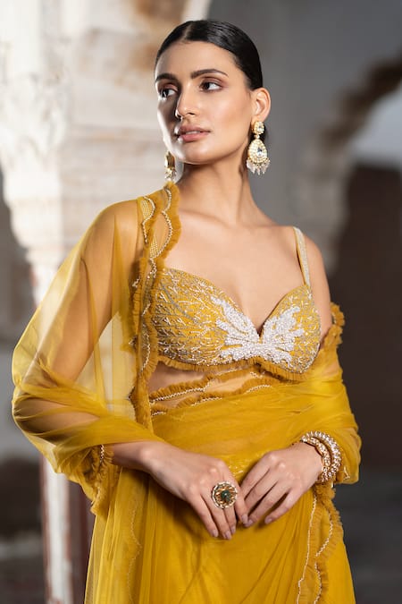 Buy_Seeaash_Yellow Net Embroidery Pearl Sweetheart Neck Pre-draped Saree With Blouse_Online_at_Aza_Fashions