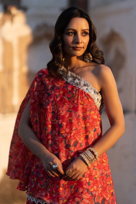 Seeaash_Red Dola Silk Printed Leaf Asymmetric Feather Kurta And Sharara Set_Online_at_Aza_Fashions