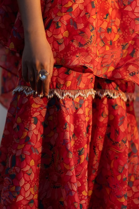 Buy_Seeaash_Red Dola Silk Printed Leaf Asymmetric Feather Kurta And Sharara Set_Online_at_Aza_Fashions
