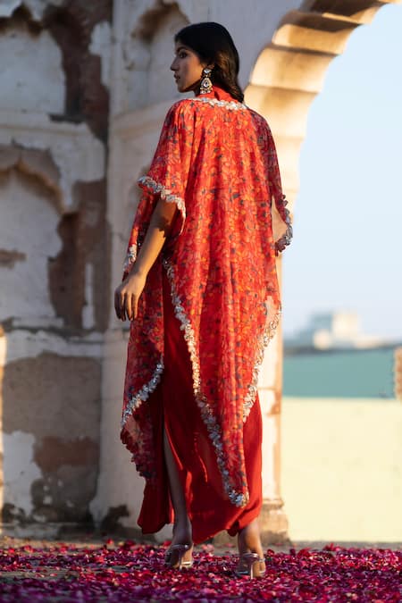 Shop Seeaash Red Flat Chiffon Printed Feather Cape Open And Draped Skirt Set at Aza Fashions Shop_Seeaash_Red Flat Chiffon Printed Feather Cape Open And Draped Skirt Set_at_Aza_Fashions