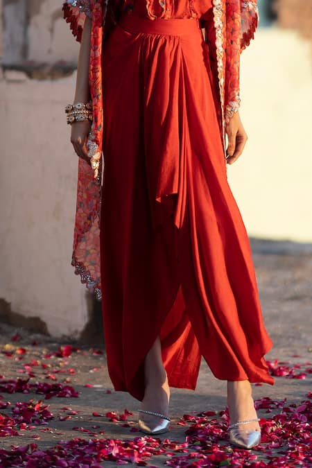 Seeaash Red Flat Chiffon Printed Feather Cape Open And Draped Skirt Set Online at Aza Fashions Seeaash_Red Flat Chiffon Printed Feather Cape Open And Draped Skirt Set_Online_at_Aza_Fashions