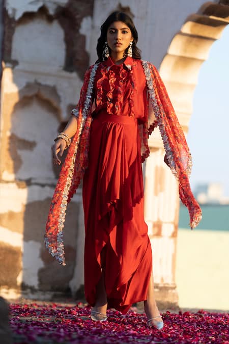 Buy Seeaash Red Flat Chiffon Printed Feather Cape Open And Draped Skirt Set Online at Aza Fashions Buy_Seeaash_Red Flat Chiffon Printed Feather Cape Open And Draped Skirt Set_Online_at_Aza_Fashions