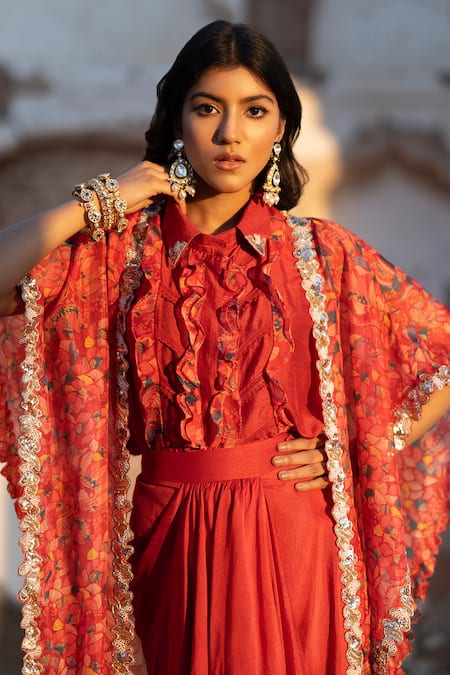 Shop Seeaash Red Flat Chiffon Printed Feather Cape Open And Draped Skirt Set Online at Aza Fashions Shop_Seeaash_Red Flat Chiffon Printed Feather Cape Open And Draped Skirt Set_Online_at_Aza_Fashions