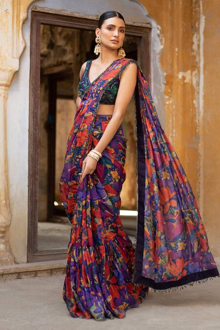 Seeaash_Purple Soft Organza Printed Rang Leaf Neck Pre-draped Saree With Blouse_Online_at_Aza_Fashions