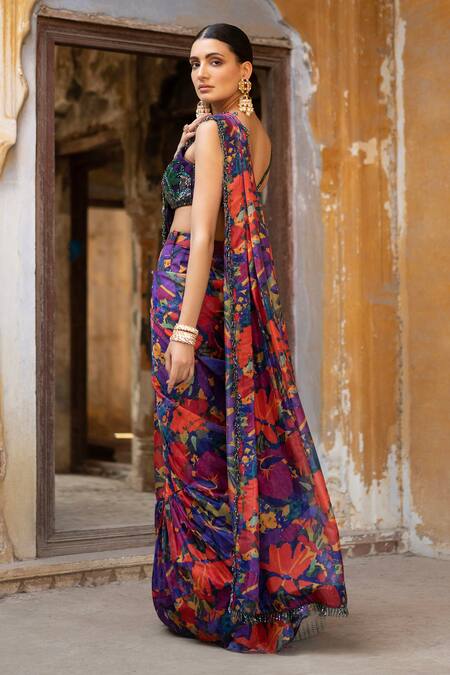 Buy_Seeaash_Purple Soft Organza Printed Rang Leaf Neck Pre-draped Saree With Blouse_Online_at_Aza_Fashions