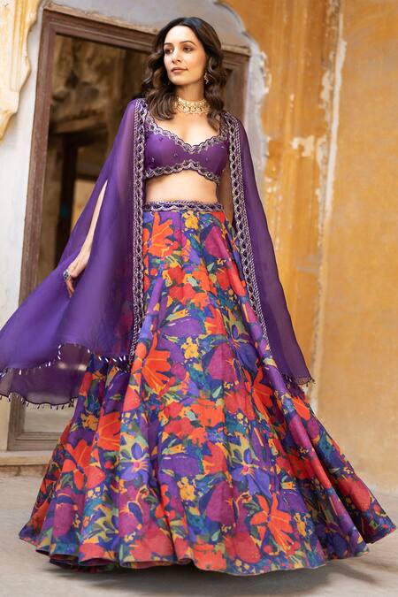 Buy_Seeaash_Purple Chanderi Printed Rang Cape Open Border Embroidered Lehenga Set_Online_at_Aza_Fashions