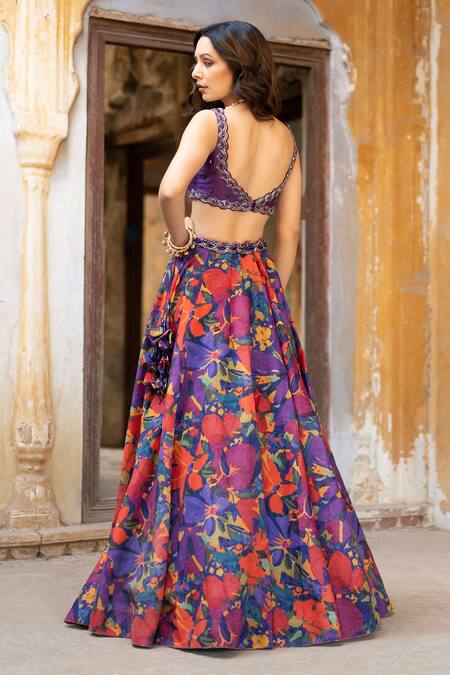Shop_Seeaash_Purple Chanderi Printed Rang Cape Open Border Embroidered Lehenga Set_Online_at_Aza_Fashions